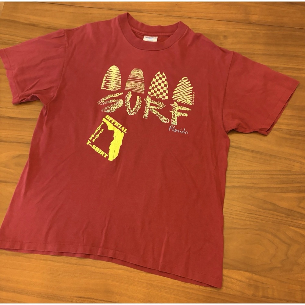 Vintage 90s Florida Surf T-Shirt Mens M/L Red Champion Made in USA Single Stitch